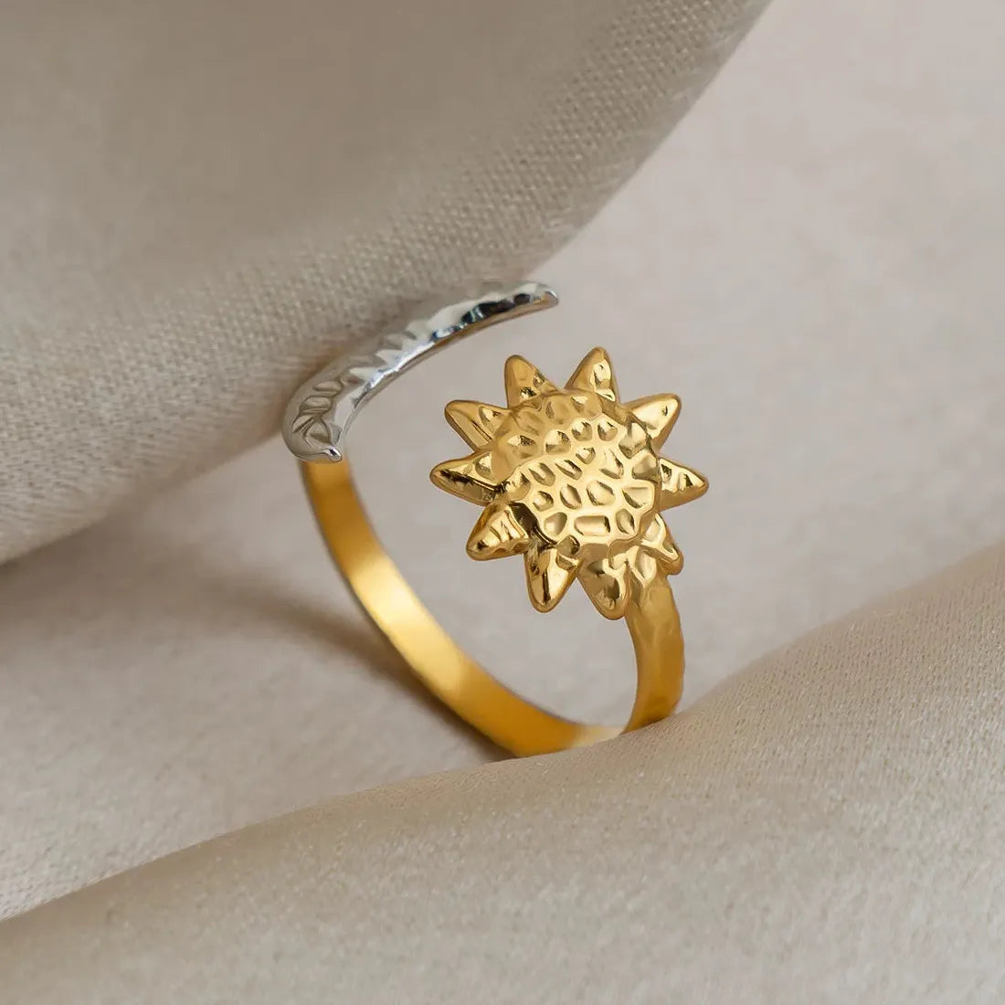 Minimalist Asymmetric Moon Star Open Ring for Women Gold Stainless Steel Jewelry