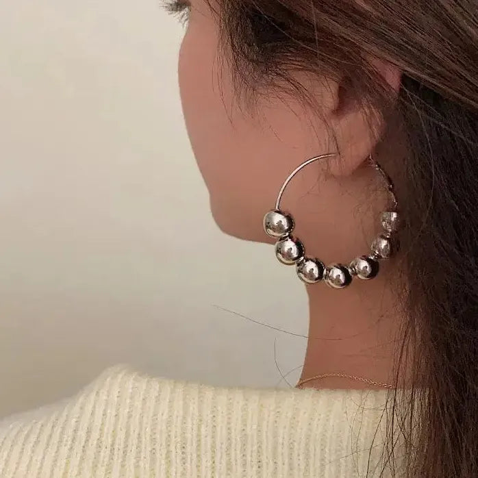 Silver Round Smooth Beaded Hoop Earrings Large Circle Drop for Women