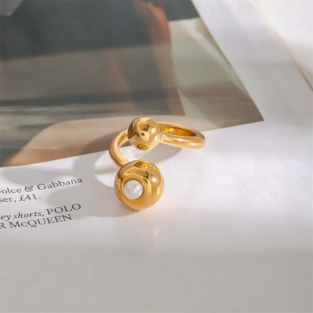 18K Gold Plated Stainless Steel Pearl Knuckle Ring Thick Metal Ball Fashion Jewelry