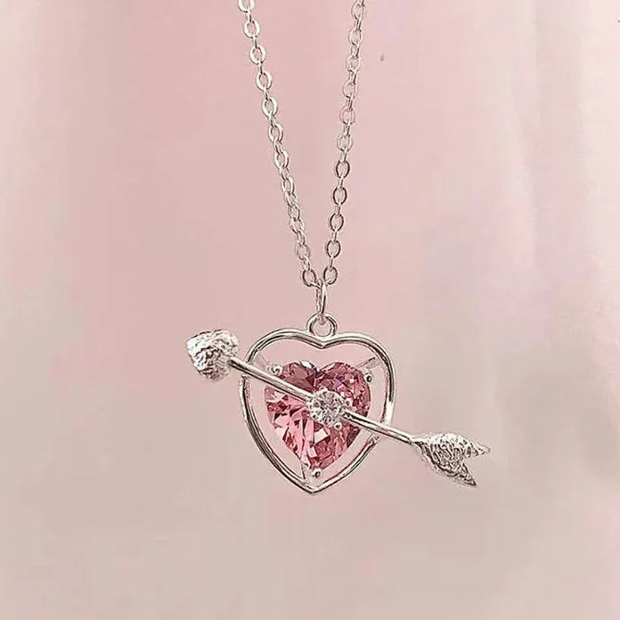 Y2K Pink Zircon Heart Pendant Necklace for Women Zinc Alloy Gift