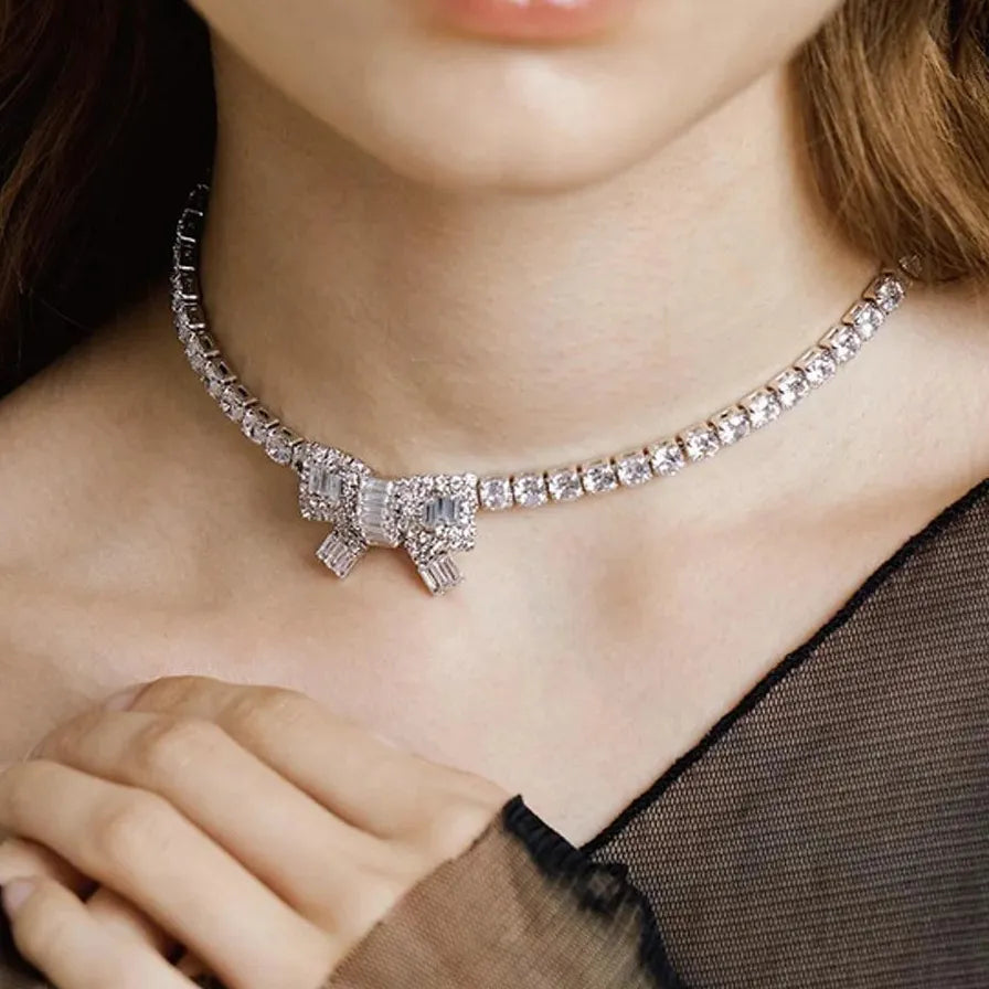 18K Gold Plated Bow Knot CZ Zircon Clavicle Necklace for Women Elegant Jewelry