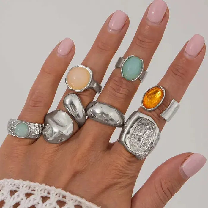 7Pcs Vintage Colorful Crystal Geometric Rings Set for Women Fashion Jewelry