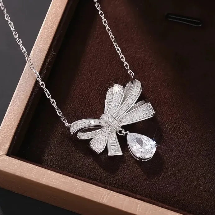 Bowknot Pendant Necklace with Zircon for Women Wedding Party Jewelry