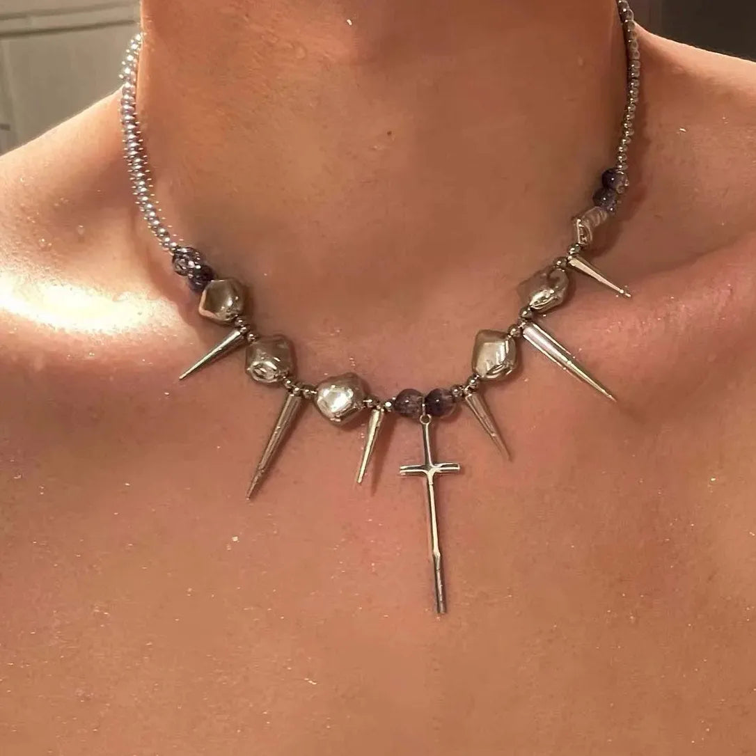 Hiphop Punk Razor Blade Rivet Tassel Geometric Metal Chain Necklace Unisex Stainless Steel Gift