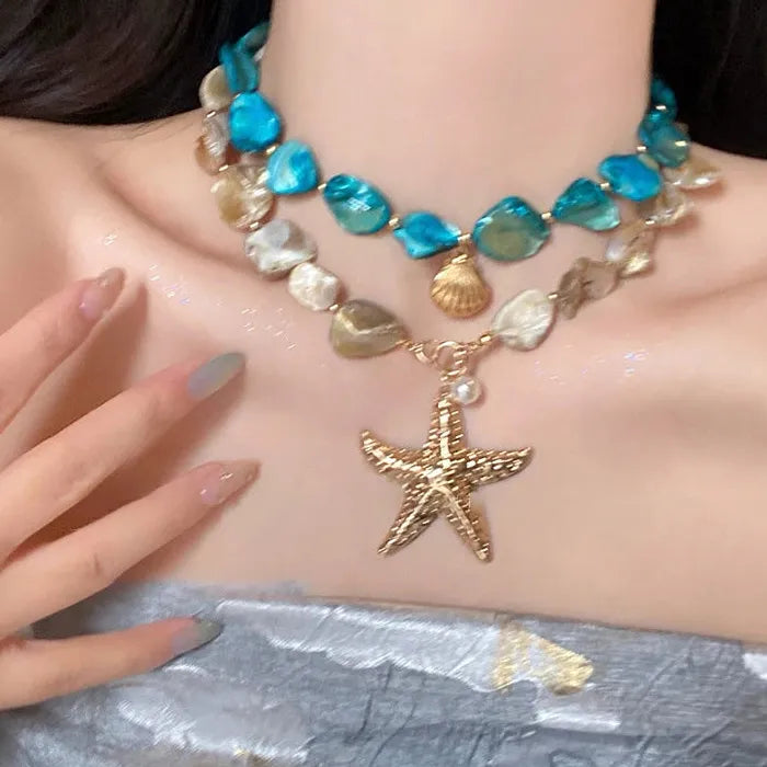 Natural Sea Star Shell Jewelry Set Necklace Earrings Bracelet Gift