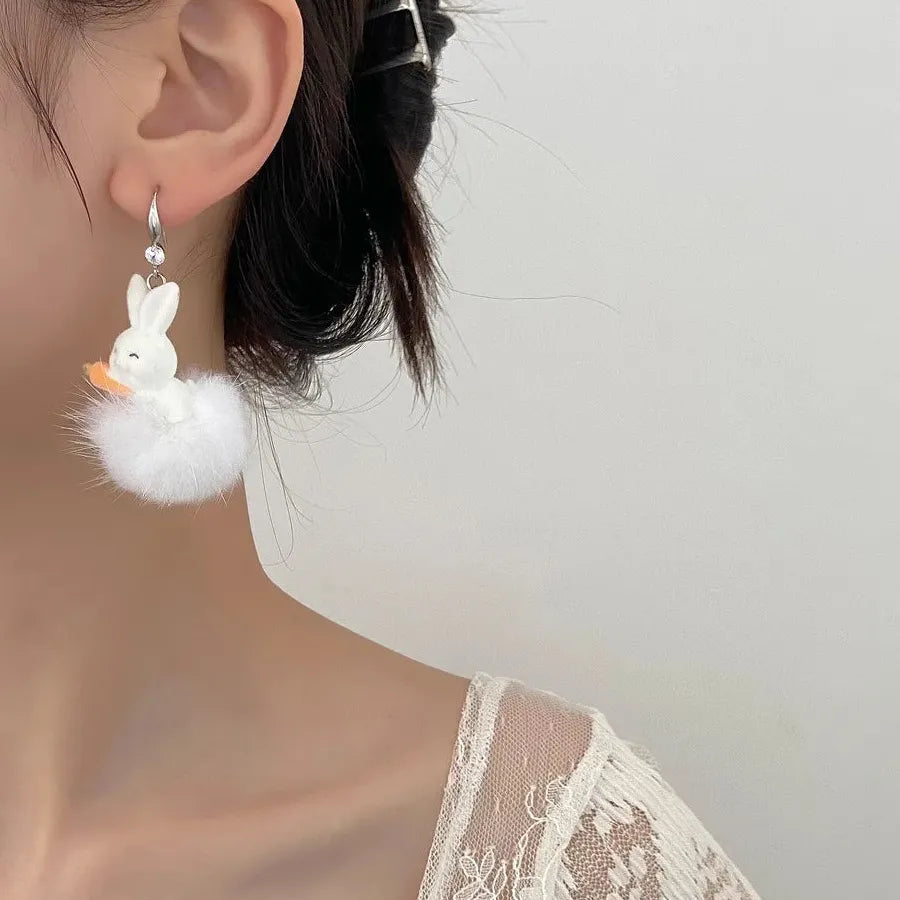 White Plush Cotton Rabbit Carrot Drop Earrings Cute Winter Gift