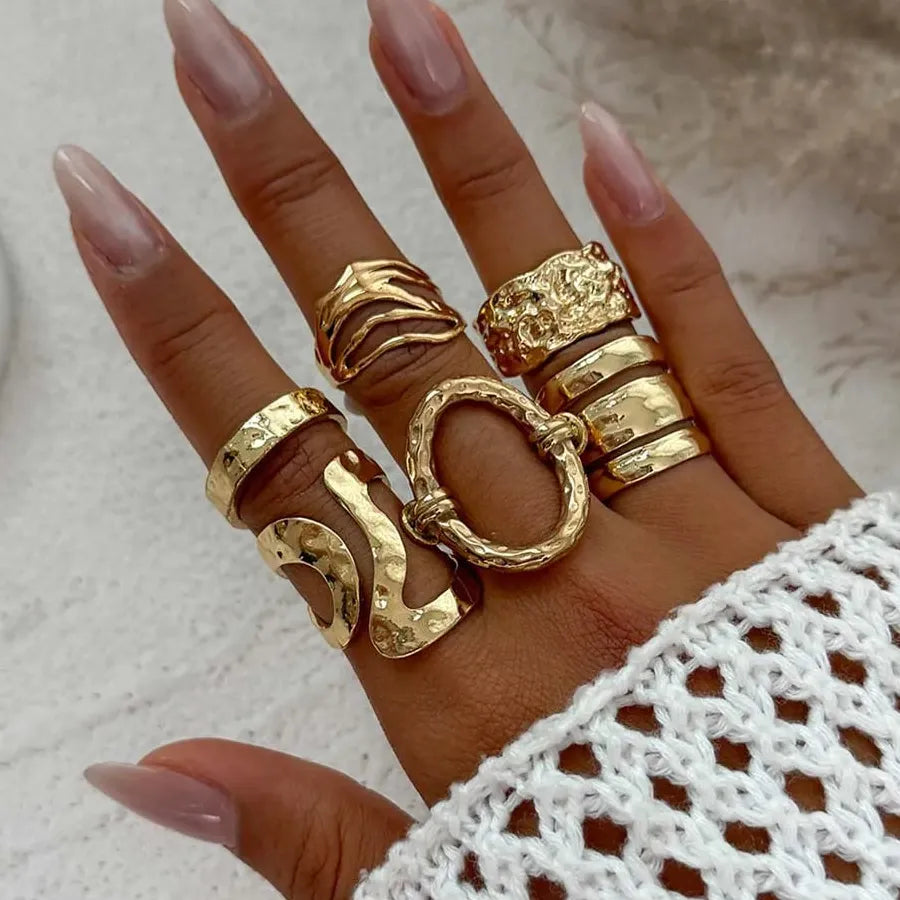 6Pcs Boho Geometric Irregular Hollow Rings Set for Women Fashion Jewelry