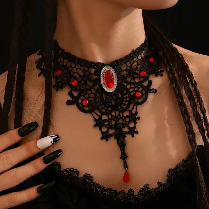 Black Lace Gothic Punk Choker Necklace with Pearl Tassel Roseflower Jewelry