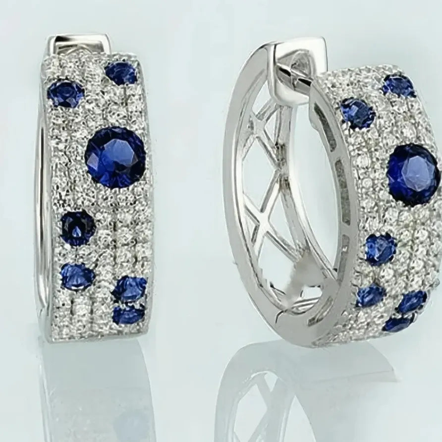 Blue and White Geometric Cubic Zirconia Hoop Earrings for Women
