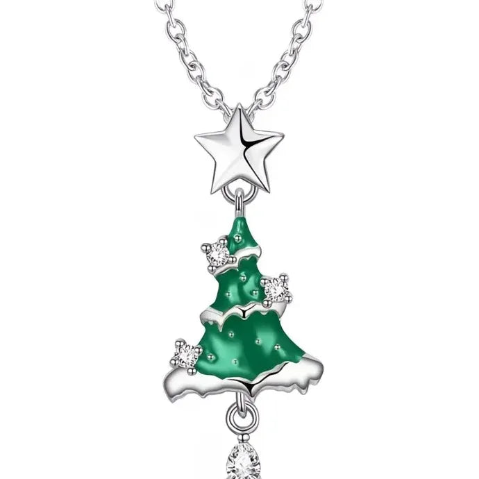 Green Christmas Tree CZ Enamel Pendant Necklace Brass Alloy Handmade Gift