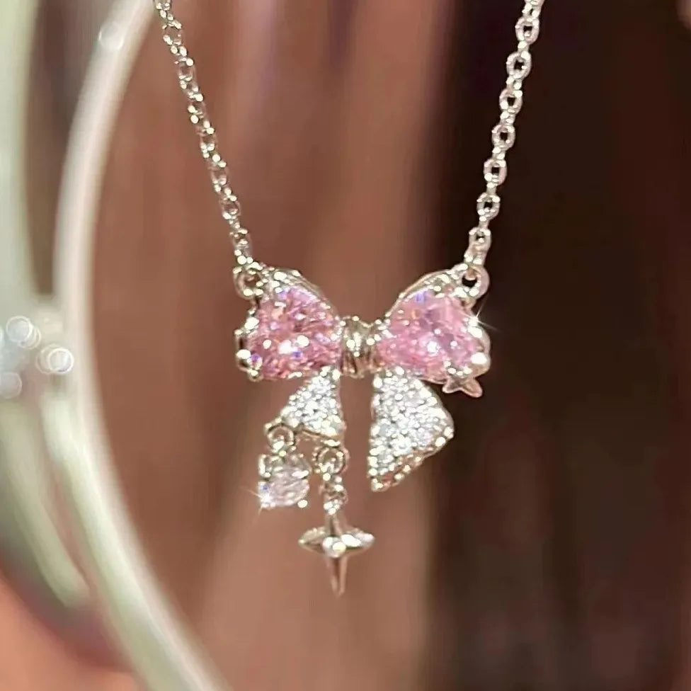 Y2K Pink Zircon Heart Pendant Necklace for Women Zinc Alloy Gift