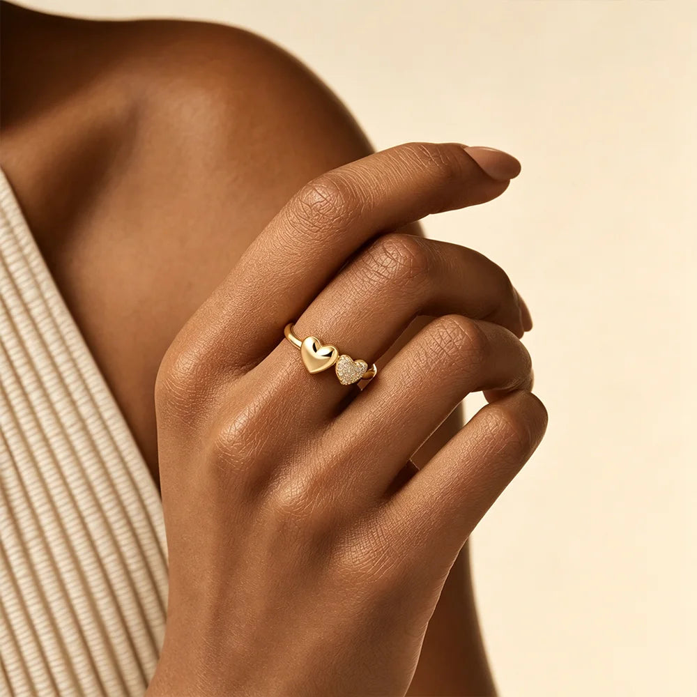 18K Gold Plated Double Heart Ring for Women Adjustable Micro Pave Zircon Jewelry
