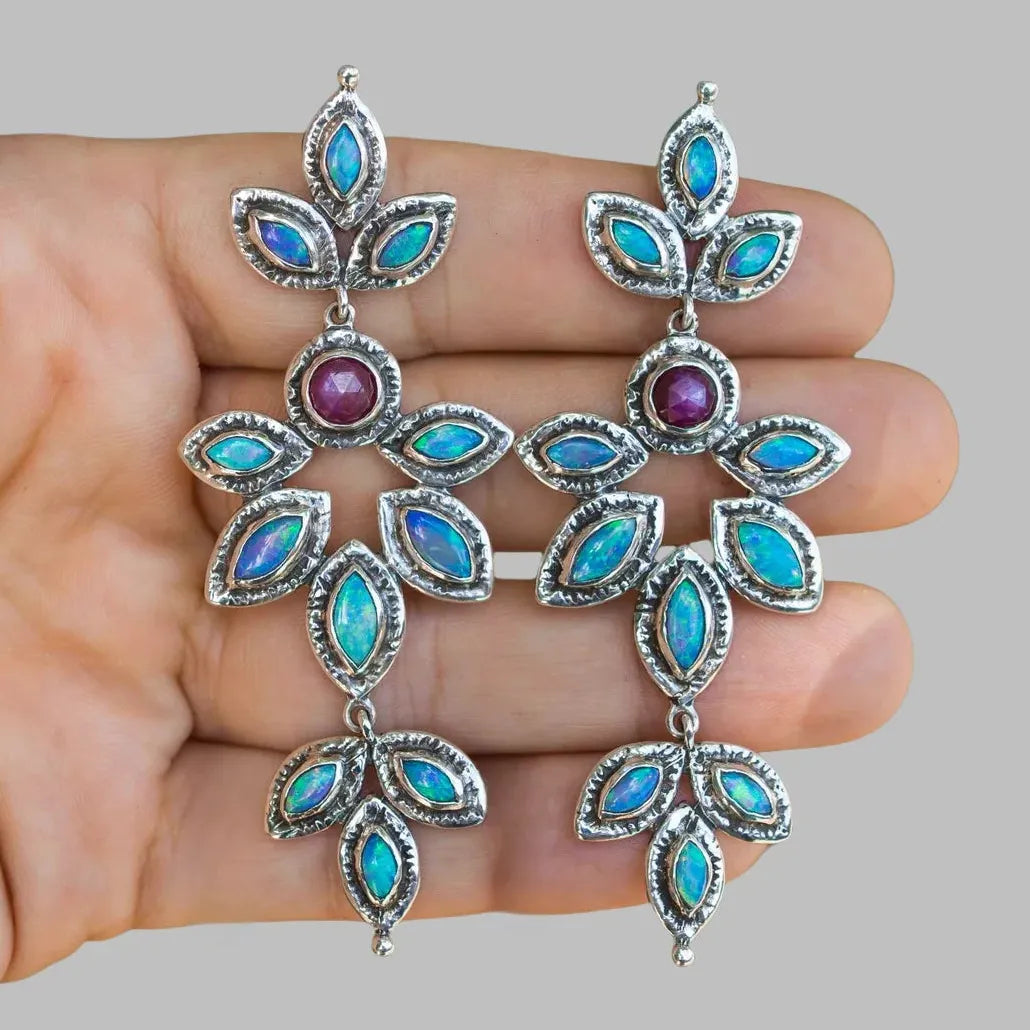 Bohemian Long Drop Earrings Colored Gemstones Vintage Ethnic Style Gift