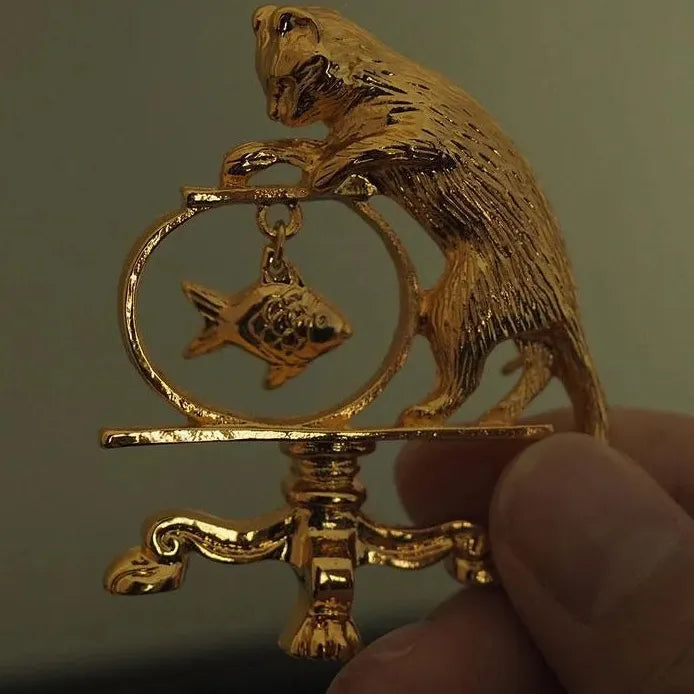 Vintage Cat Fishing Brooch Gold Plated Antique Jewelry Pin Gift for Women