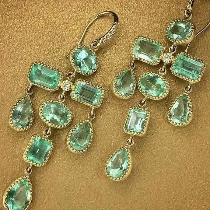 Tassel Long Drop Earrings Green Zircon Pendant Geometric Gold Jewelry Women Zinc Alloy