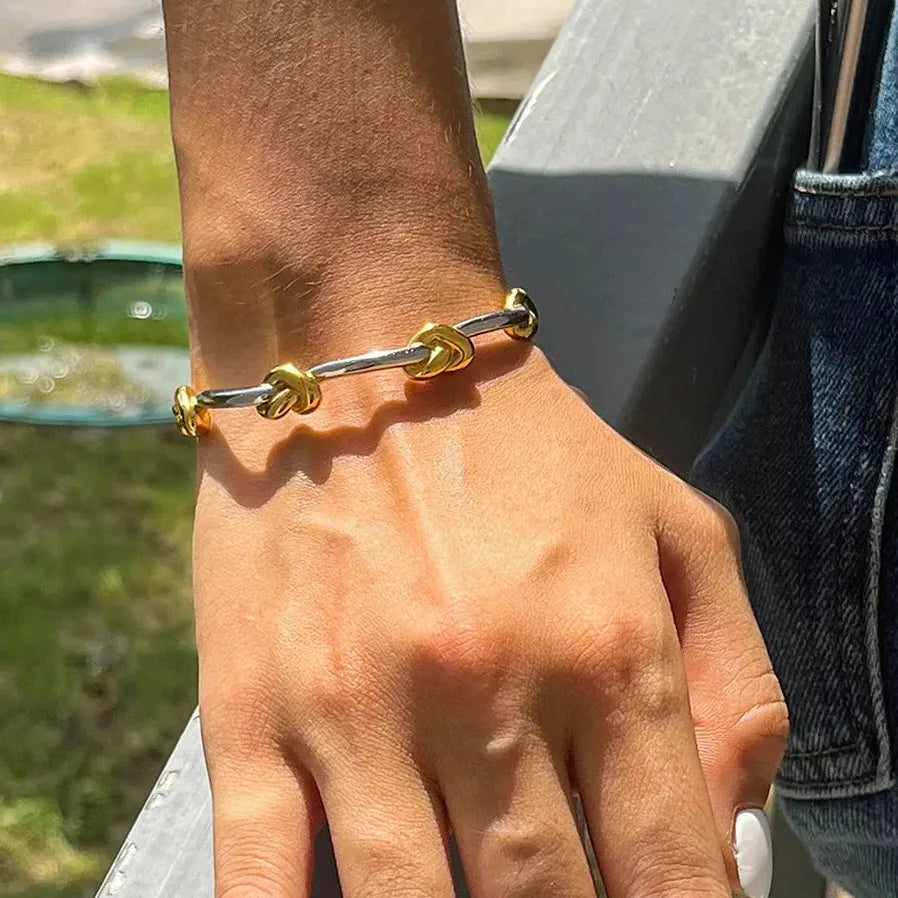 French Style Two-tone Knot Geometric Stainless Steel Cuff Bracelet Women