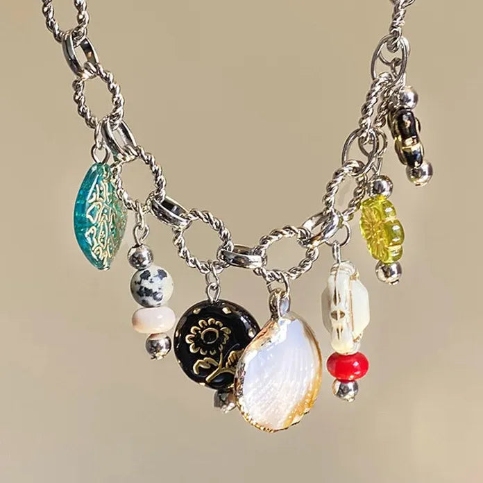 Vintage Zinc Alloy Rhinestone Butterfly Shell Choker Necklace with Tassel
