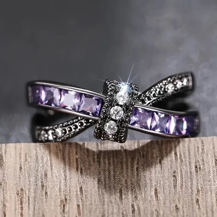Elegant Bowknot Women’s Ring with Purple CZ Inlay for Party Fashion