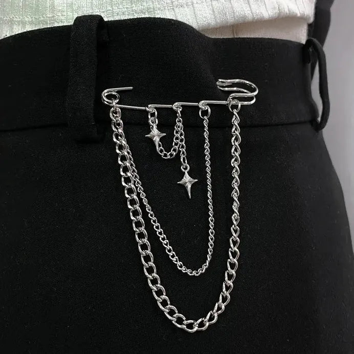 Y2K Punk Gothic Silver Zinc Alloy Cross Tassel Brooch for Men Women