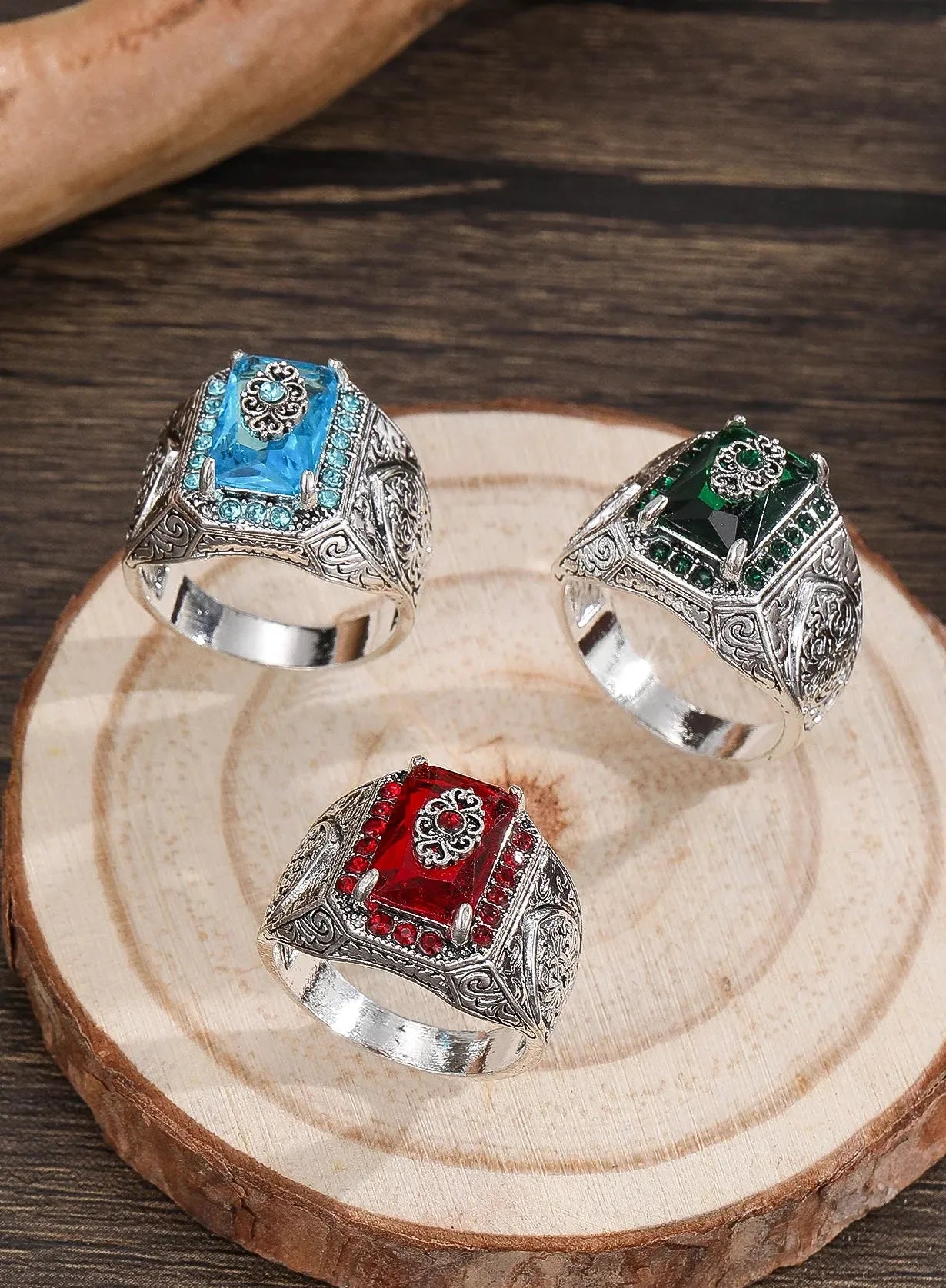 Retro Handmade Turkish Men’s Silver Zinc Alloy Ring with Zircon Inlay