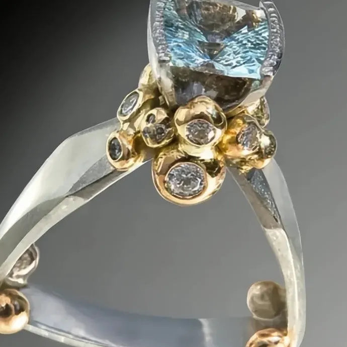 Two Tone Brass Women’s Geometric Ring with Blue CZ Wedding Party Jewelry