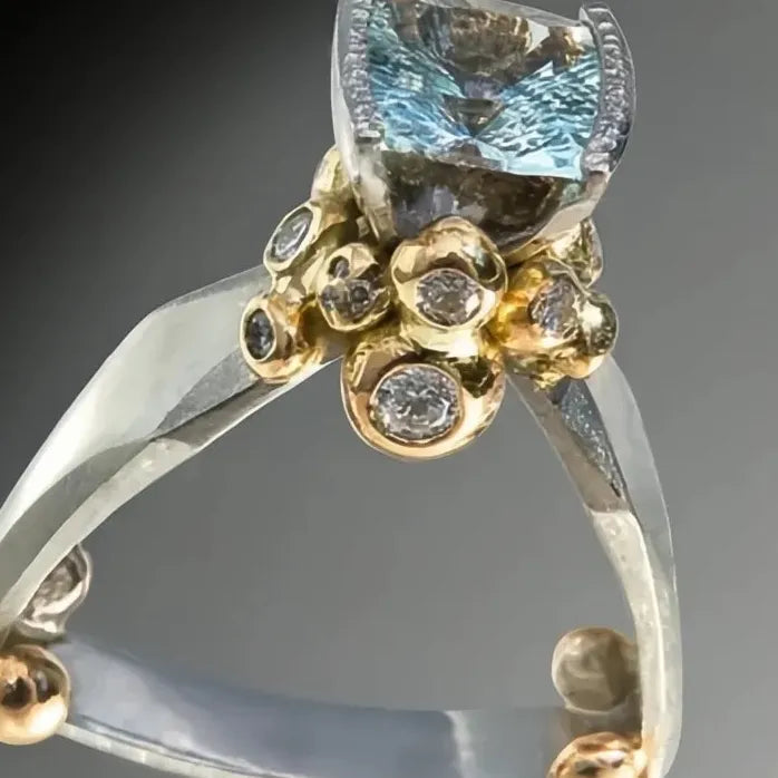 Geometric Brass Ring with Light Blue Cubic Zirconia for Women Party Jewelry