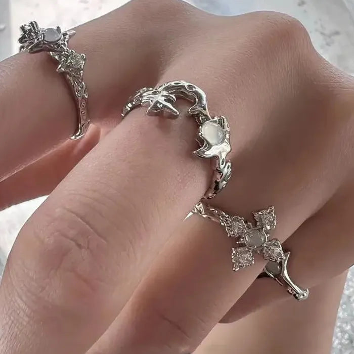 Copper Gothic Cross Ring Unisex Moonstone Irregular Punk Finger Jewelry