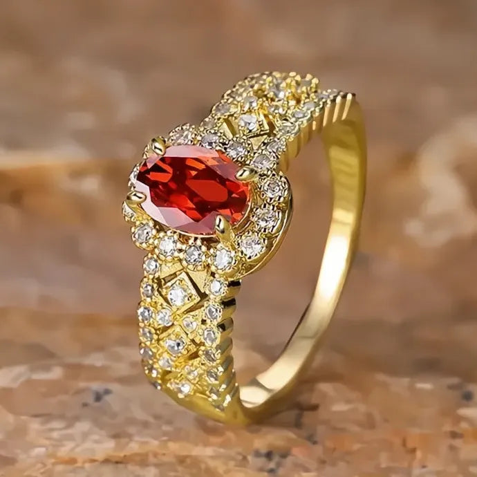Oval Garnet Cubic Zirconia Brass Wedding Band Engagement Ring for Women