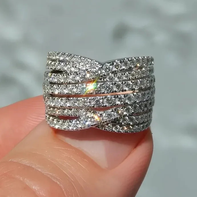 Multi-layer Wide Cross Cocktail Ring Women Silver Cubic Zirconia Jewelry