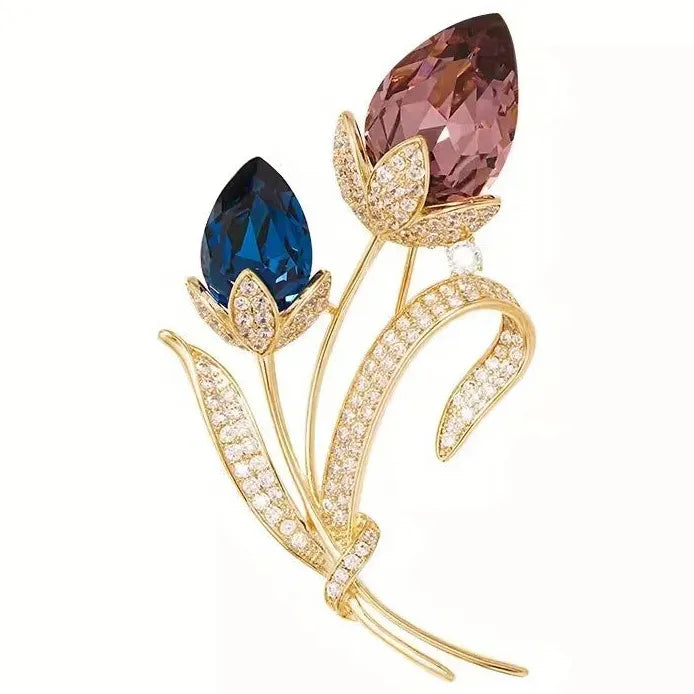 Ladies Retro Twin Flower Crystal Brooch Vintage Pin Accessory for Women
