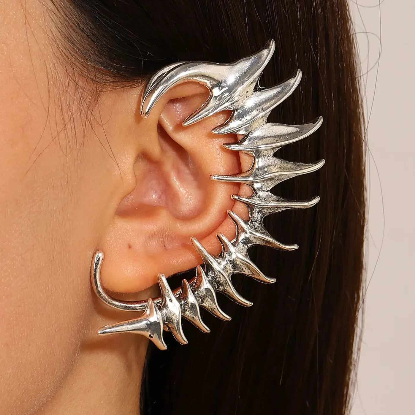 2024 Punk Skeleton Spike Silver Metal Clip-On Earrings Unisex Gift Jewelry