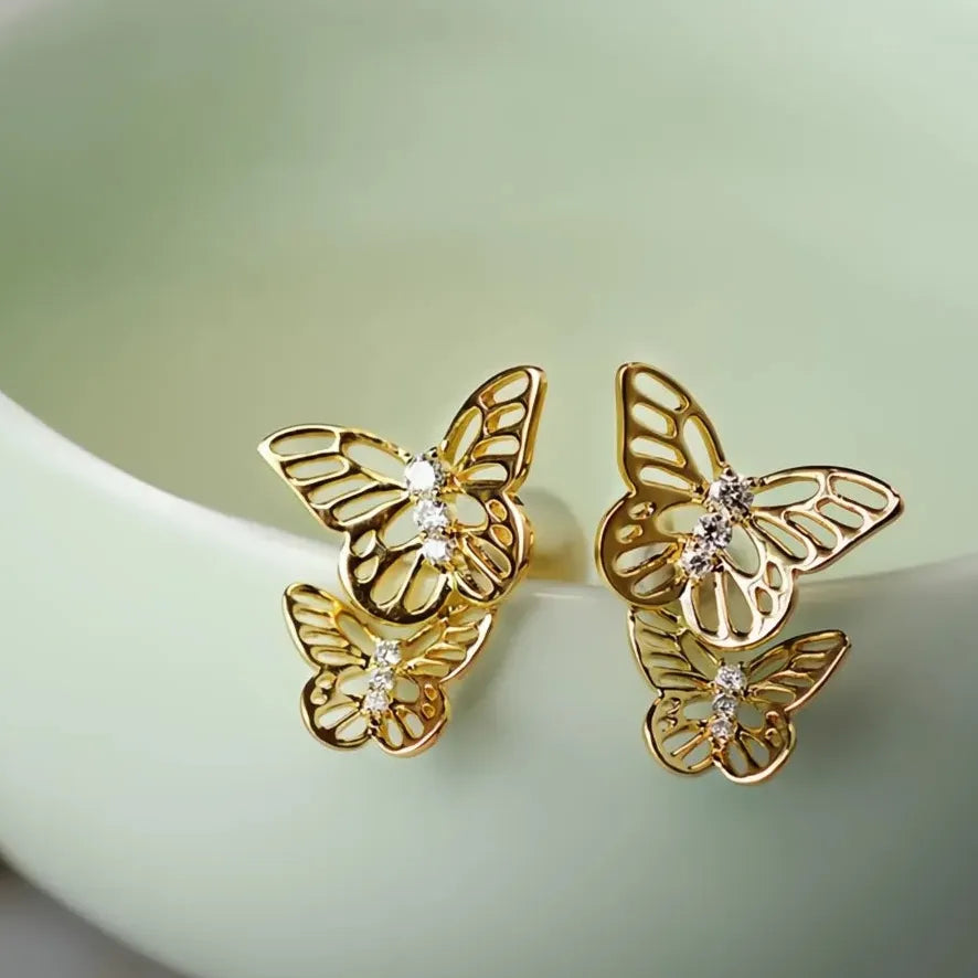 Gold Butterfly Cubic Zirconia Stud Earrings Copper Alloy Jewelry Gift Women