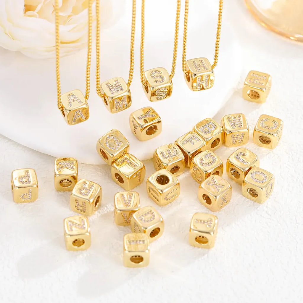 18K Gold Plated Stainless Steel Mini Cube Alphabet Necklace Zircon Choker