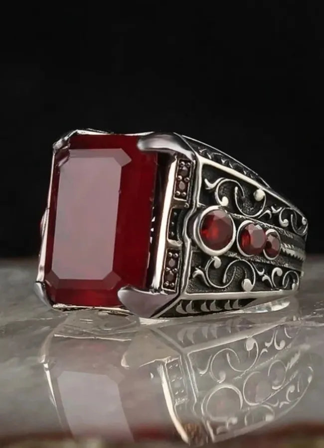 Men's Vintage Silver Zinc Alloy Signet Ring Red Zircon Carved Pattern Punk Biker