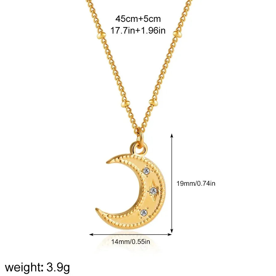 Minimalist Geometric Zircon Moon Pendant Necklace Women Stainless Steel Gold Chain
