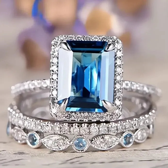 3Pcs Blue Cubic Zirconia Rings Set for Women Luxury Anniversary Jewelry