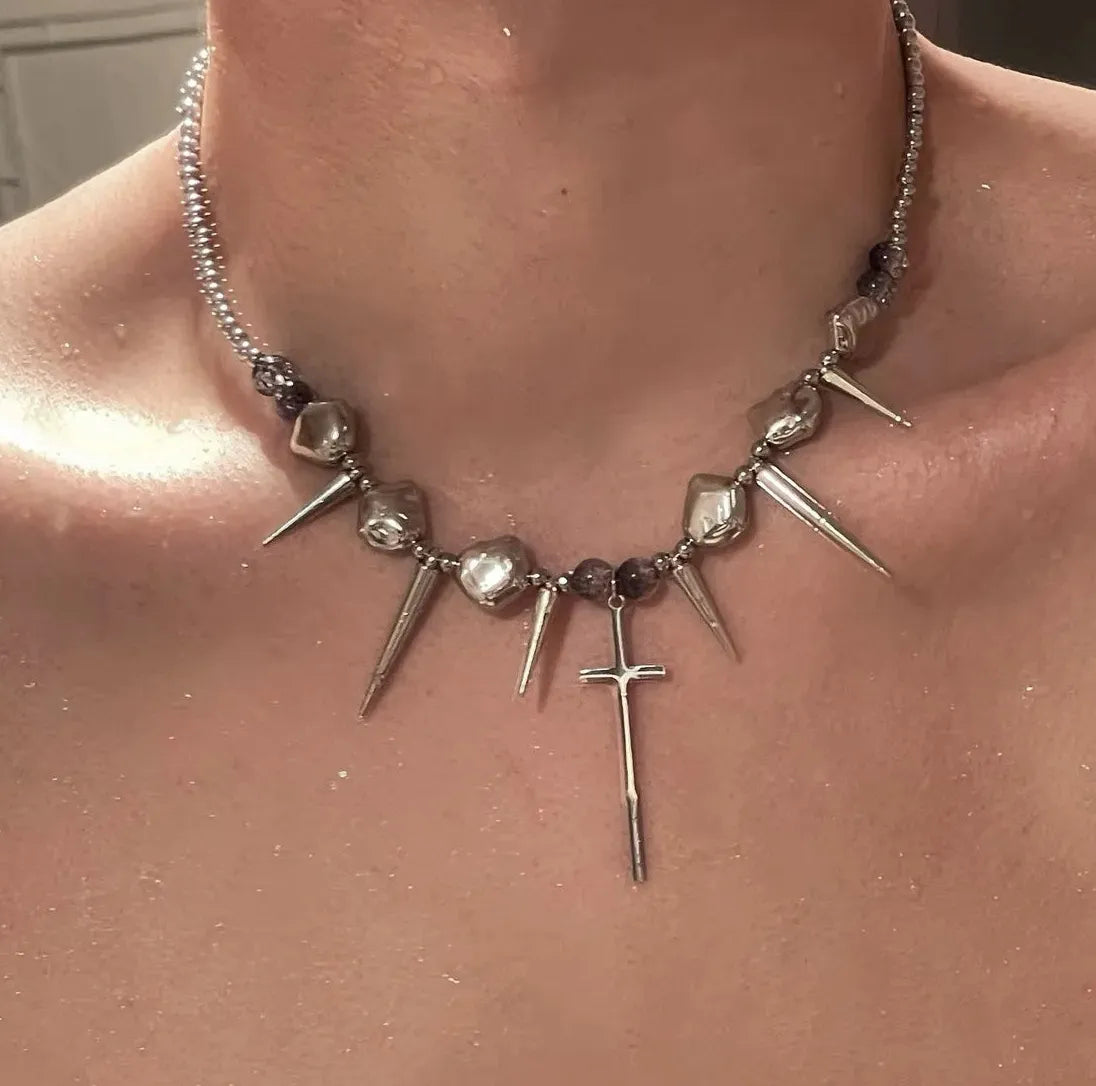 Punk Gothic Red Heart Pendant Necklace Metal Rivet Spike Choker Unisex