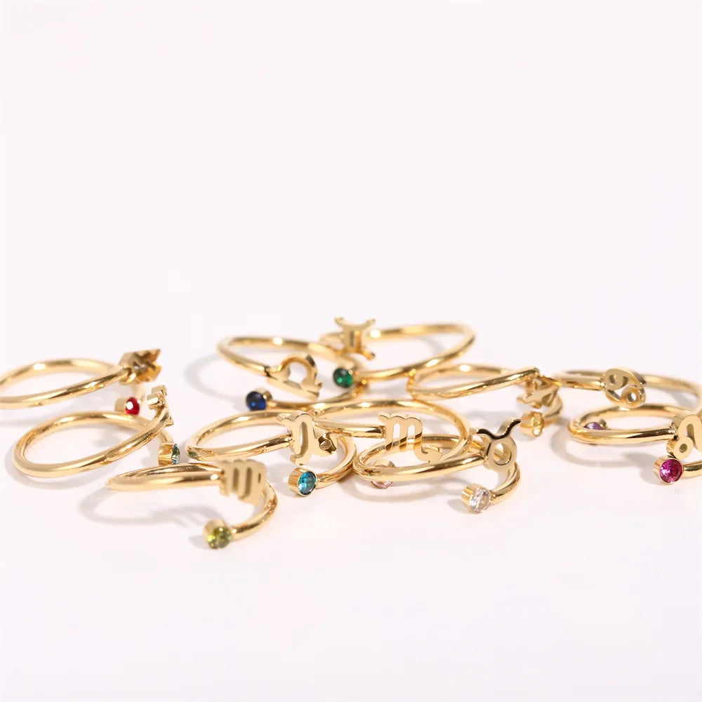12 Constellation Symbol Adjustable 18K Gold Plated Zircon Knuckle Ring Gift