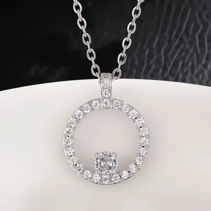 Modern Bridal Geometric Circle Pendant Necklace with White Cubic Zirconia