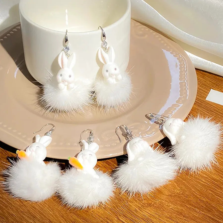 White Plush Cotton Rabbit Carrot Drop Earrings Cute Winter Gift