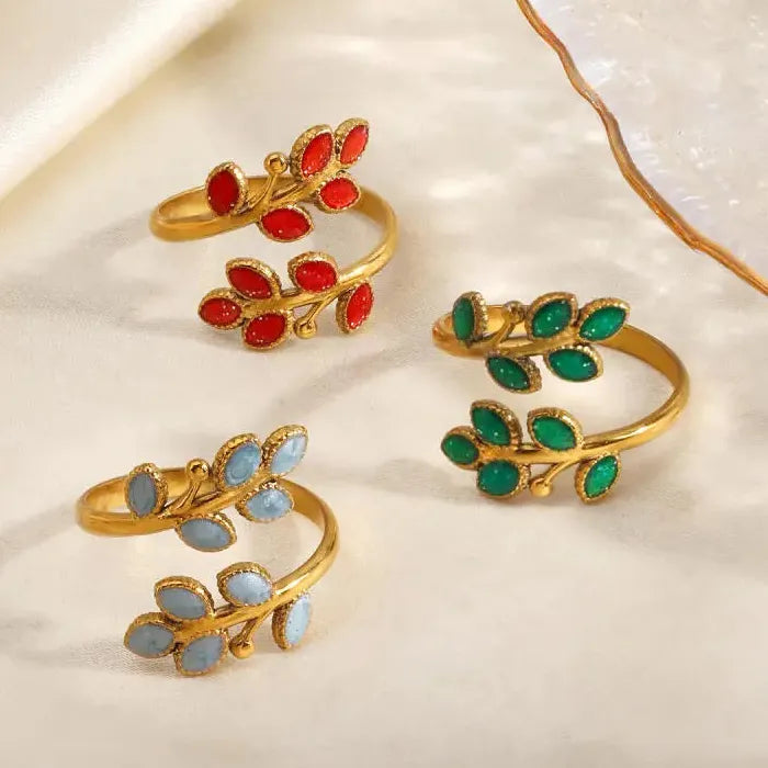 Gold Stainless Steel Leaf Cocktail Rings for Women Vintage Red Blue Green Jewelry