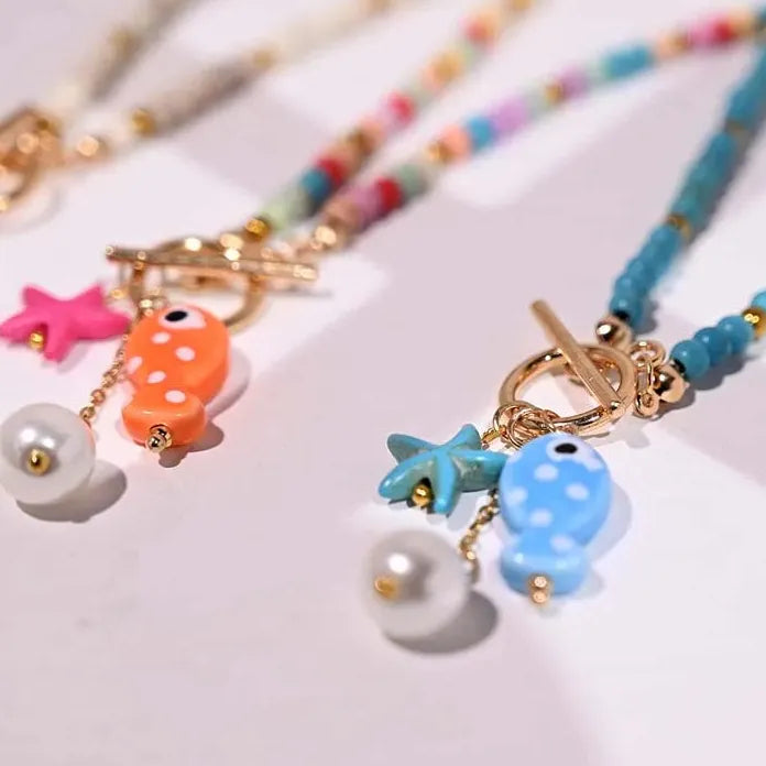 Ceramic Fish Pendant Necklace for Women Girls Bohemian Colorful Beaded Chain Jewelry