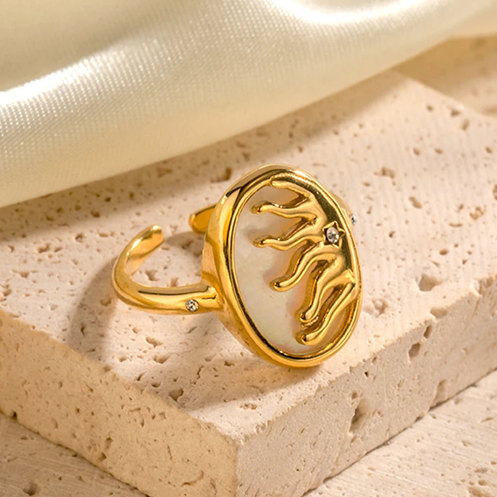 Vintage Opal Gold Stainless Steel Geometric Sun Ring for Women Wedding Jewelry