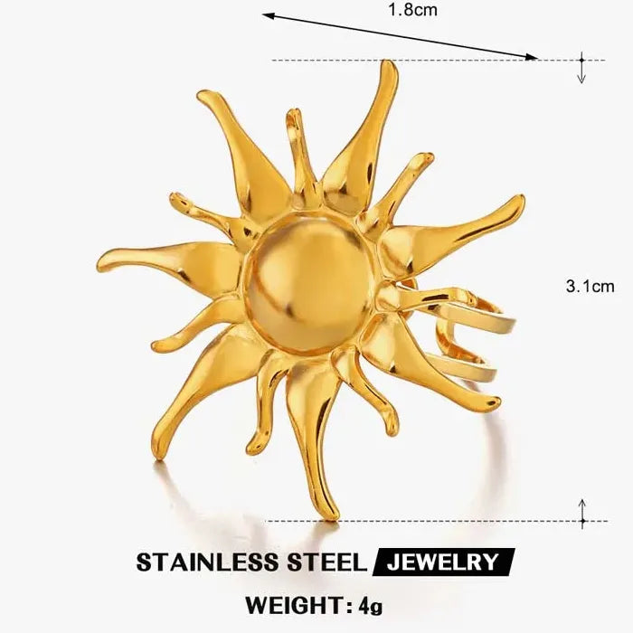 Adjustable Stainless Steel Sun Shape Ring for Women Vintage Gold Jewelry Gift