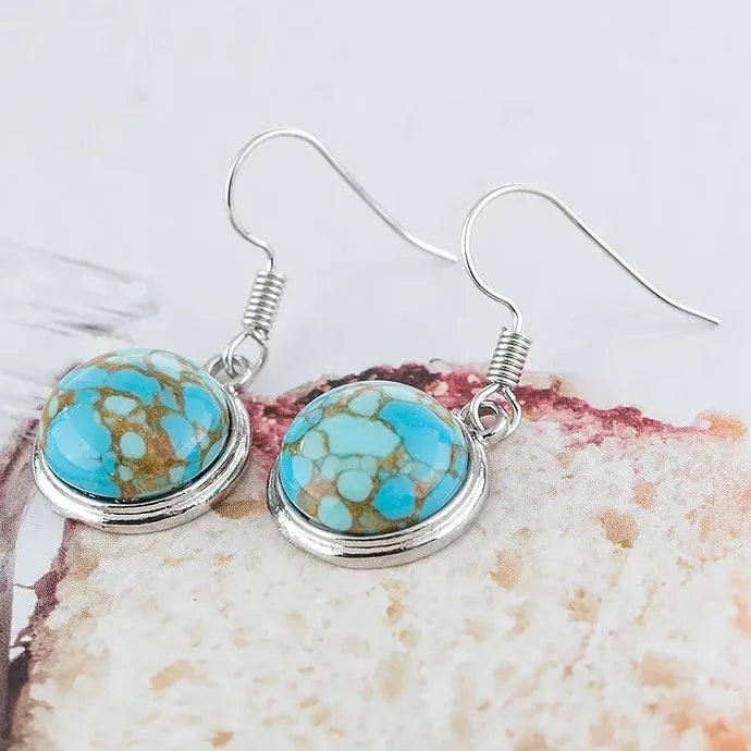 Vintage Silver Round Turquoise Stud Earrings for Women Zinc Alloy Jewelry