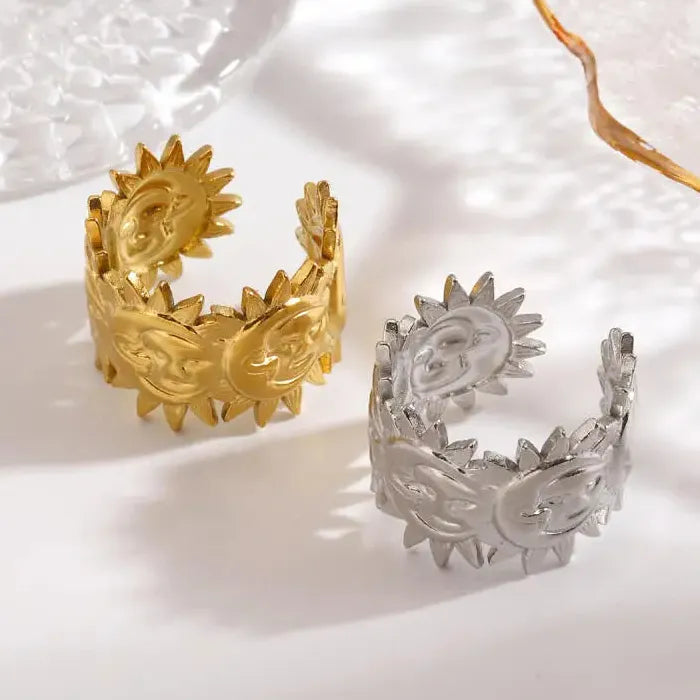 Gold Stainless Steel Geometric Sunflower Opening Ring for Women Men Jewelry