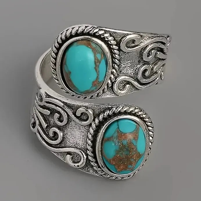 Adjustable Vintage Boho Cross Band Ring with Imitation Turquoise Stone