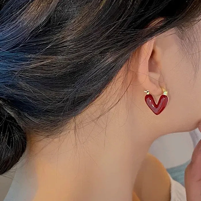 French Romantic Wine Red Enamel Heart Pendant Earrings Copper Alloy Jewelry for Women