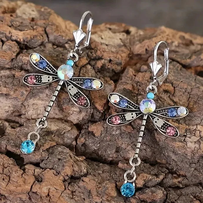 Dragonfly Drop Earrings Vintage Style Zinc Alloy Colorful Rhinestones