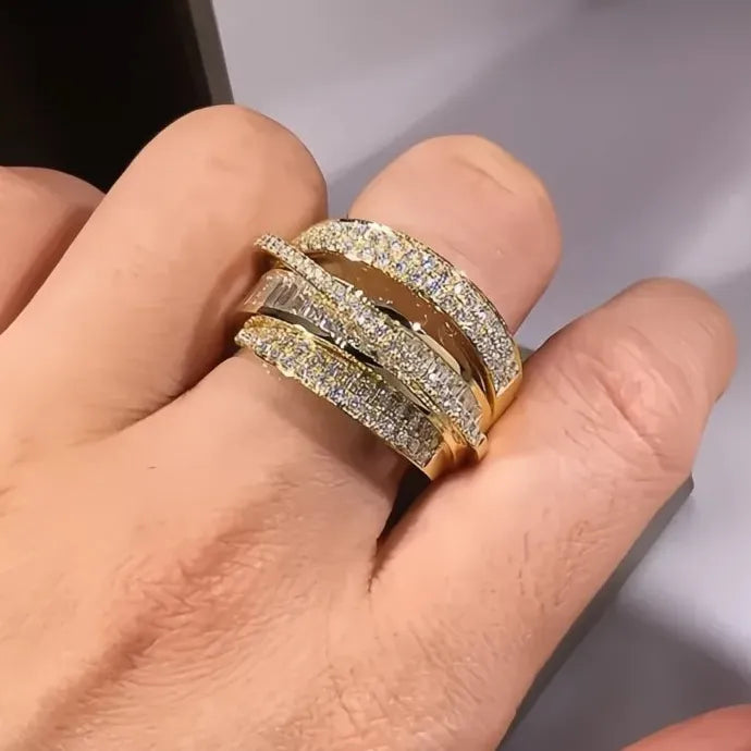 Luxury Gold Multi Cross CZ Brass Wedding Band Ring for Women Jewelry